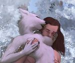  2016 anthro arctic_fox armpits black_nose breast_grab breasts brown_hair canine claws duo embrace erect_nipples eyes_closed face_lick female fox from_behind_position fur hair hand_on_breast hattonslayden human human_on_anthro interspecies licking long_hair male male/female mammal nipples nude outside sex snow suggestive teeth tender tongue tongue_out tree white_fur 