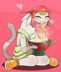  &lt;3 2014 :3 anthro betelgeusian chopsticks clothed clothing cute digital_media_(artwork) eating eyes_closed feline food footwear happy hat hi_res male mammal meow_(space_dandy) noodles ramen shoes sitting solo space_dandy sssonic2 whiskers 