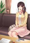  1girl black_hair blush breasts cleavage couch curtains highres id_card indoors large_breasts legs long_hair long_sleeves looking_at_viewer open_mouth original pink_skirt plant ponytail purse red_eyes ring rokko sitting skirt solo table thighs wedding_ring 