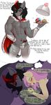  abs anthro black_hair clothed clothing english_text equine evehly eyes_closed female fluttershy_(mlp) food friendship_is_magic fur grey_fur hair horn king_sombra_(mlp) male mammal my_little_pony nipples one_eye_closed open_mouth pink_hair red_eyes sleeping text topless unicorn yellow_fur 