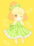 2016 animal_crossing anthro barefoot black_nose blonde_hair bow candy canine clothing dog dress english_text female food fur hair hair_ornament isabelle_(animal_crossing) japanese_text long_ears mammal nintendo one_eye_closed short_hair sirokuro smile solo text video_games white_fur wink yellow_fur 