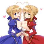  :d ahoge artoria_pendragon_(all) asymmetrical_docking bangs blue_dress blue_eyes blue_ribbon blush braid breast_press breasts center_opening cleavage dress epaulettes eyebrows_visible_through_hair fate/extra fate/stay_night fate_(series) french_braid green_eyes hair_bun hair_ribbon heart heart_ahoge heart_ahoge_duo heart_hands heart_hands_duo lace-trimmed_sleeves large_breasts long_sleeves looking_at_viewer medium_breasts multiple_girls nero_claudius_(fate) nero_claudius_(fate)_(all) open_mouth puffy_long_sleeves puffy_sleeves red_dress red_ribbon ribbon saber sidelocks simple_background smile standing subaru_(794829485) symmetry white_background 
