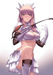  :q black_legwear blush breasts brown_eyes cleavage convenient_leg fate/grand_order fate_(series) gloves highres holding_whip karlwolf kneehighs large_breasts leg_up licking_lips long_hair looking_at_viewer medb_(fate)_(all) medb_(fate/grand_order) midriff naughty_face pink_hair riding_crop skindentation skirt smile solo thighs tongue tongue_out whip white_gloves 
