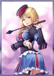  blonde_hair blue_eyes garter_straps leila_peron long_hair looking_at_viewer lowres military military_uniform senjou_no_valkyria senjou_no_valkyria_3 solo thighhighs uniform yamyom 