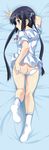  ass bed_sheet black_hair blue_eyes blush breasts dakimakura from_above full_body hair_ribbon highres kuuchuu_yousai long_hair looking_at_viewer lying no_shoes on_stomach original panties panty_pull ribbon school_uniform small_breasts socks solo twintails underwear undressing white_panties 