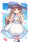  bangs bare_arms blonde_hair blue_sky blunt_bangs blush braid closed_mouth cloud collarbone collared_dress day dress eyebrows_visible_through_hair green_eyes hat highres kneehighs lillie_(pokemon) long_hair looking_away looking_to_the_side petals pokemon pokemon_(game) pokemon_sm see-through shimatamago sky sleeveless sleeveless_dress smile solo standing sun_hat sundress twin_braids white_dress white_hat white_legwear 