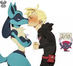 ambiguous_gender anthro blush butt canine clothed clothing ear_piercing eyes_closed frown fur gladion_(pok&eacute;mon) human human_on_anthro interspecies jackal kissing lucario male mammal nintendo nude piercing pok&eacute;mon score spikes standing stanidng sweat video_games weavile xnirox 