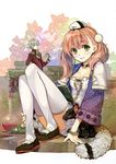  1girl atelier_(series) atelier_escha_&amp;_logy bangle bangs black_choker black_skirt blush book book_stack bracelet braid breasts breasts_apart brown_footwear brown_skirt buttons choker closed_mouth clothing_request collarbone doily escha_malier flask floral_background full_body fur_collar gold_trim gradient gradient_sleeves green_eyes grey_hair hat head_tilt hidari_(left_side) highres holding holding_book jacket jewelry knees_up logix_ficsario long_hair long_sleeves looking_at_viewer miniskirt official_art open_book pastel_colors petticoat pink_hair pleated_skirt pom_pom_(clothes) round-bottom_flask shoes sitting skirt small_breasts smile solo_focus standing tail thighhighs twintails white_background white_hat white_legwear wide_sleeves 