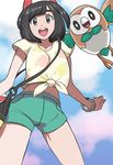  1girl bag bangs bare_legs beanie black_eyes black_hair breasts clouds cloudy_sky eyelashes female_protagonist_(pokemon_sm) floral_print from_below front-tie_top green_shorts handbag happy hat highres jewelry looking_down navel open_mouth pokemon pokemon_(game) pokemon_sm red_hat rowlet shirt short_hair short_shorts short_sleeves shorts sky strap_cleavage swept_bangs t-shirt teeth thighs tied_shirt z-ring 
