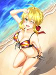  ahoge beach bikini blonde_hair blush bracelet breasts cleavage day fate/extra fate_(series) footprints fosamaguna from_above front-tie_bikini front-tie_top green_eyes highres jewelry large_breasts looking_at_viewer multicolored multicolored_bikini multicolored_clothes navel nero_claudius_(fate) nero_claudius_(fate)_(all) one_eye_closed open_mouth outdoors ribbon shiny shiny_hair side-tie_bikini solo swimsuit water 