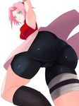  1girl aqua_eyes artist_request ass bike_shorts boots breasts cameltoe frown hairband hairline haruno_sakura huge_ass large_breasts looking_at_viewer looking_down naruto naruto_shippuuden pantylines pink_hair shiny shiny_clothes shiny_hair shiny_skin short_hair simple_background skirt solo thigh_strap upskirt white_background 