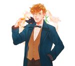  1boy animal bow bowtie brown_hair character_name coin dated fantastic_beasts_and_where_to_find_them flower newt_scamander simple_background solo sparkle upper_body white_background 