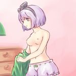 bloomers bow breasts chest_of_drawers expressionless green_eyes hair_bow headband highres konpaku_youmu lampshade navel nipples short_hair solo touhou underwear undressing white_hair yoruny 