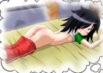  1girl anus ass bed bedroom black_hair blush breasts dreaming green_eyes kuroki_tomoko lying on_bed on_stomach petite pussy red_shorts shirt_lift shorts_down small_breasts sweat the_dark_mangaka watashi_ga_motenai_no_wa_dou_kangaetemo_omaera_ga_warui! window 