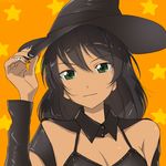  akagi_(fmttps) artist_name bad_id bad_pixiv_id bangs black_dress black_hat breasts brown_hair cleavage dark_skin dress girls_und_panzer green_eyes halloween_costume hand_on_headwear hat hoshino_(girls_und_panzer) light_smile long_sleeves looking_at_viewer medium_breasts nail_art nail_polish orange_background portrait short_hair solo star starry_background witch_hat 