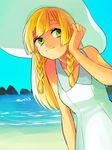  bangs bare_arms beach blonde_hair braid breasts closed_mouth collarbone collared_dress dalu_(ns_me_i3) day dress green_eyes hat lillie_(pokemon) long_hair looking_away looking_to_the_side ocean outdoors pokemon pokemon_(game) pokemon_sm rock sky sleeveless sleeveless_dress small_breasts smile solo sun_hat sundress twin_braids water white_dress white_hat 
