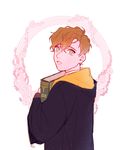  back book brown_hair chunsik fantastic_beasts_and_where_to_find_them flower green_eyes highres hogwarts_school_uniform male_focus newt_scamander simple_background solo teeth 