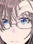  1girl bangs blue_eyes brown_hair closed_mouth commentary_request copyright_request expressionless fingernails glasses grey-framed_eyewear hand_up looking_at_viewer multicolored multicolored_eyes portrait purple_eyes solo yami_(m31) 
