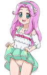  1girl :d ako_(azusaching0612) blush female flower green_eyes ha-chan_(mahou_girls_precure!) hair_flower hair_ornament hairband hanami_kotoha lifted_by_self long_hair looking_at_viewer mahou_girls_precure! no_panties off-shoulder_shirt open_mouth pink_hair precure pussy shirt simple_background skirt skirt_lift smile solo standing uncensored white_background 