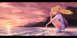  backpack bag beach blonde_hair city cliff cloud commentary_request dress green_eyes highres letterboxed lighthouse lillie_(pokemon) long_hair mountain noske outdoors pokemon pokemon_(game) pokemon_sm ponytail scenery sidelocks sky smile solo spoilers squatting sunset ticket water white_dress 