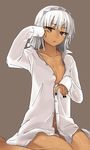  altera_(fate) black_nails breasts collarbone dark_skin fate/grand_order fate_(series) grey_background i-pan looking_at_viewer nail_polish naked_shirt purple_eyes shirt short_hair simple_background sitting sleeves_past_wrists small_breasts solo tattoo tears waking_up wariza white_hair 