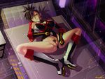  1girl asuka_(crimson_tears) blush boots brown_eyes brown_hair crimson_tears dutch_angle female fingerless_gloves folded_ponytail highres legs leotard leotard_aside looking_at_viewer lying ponytail pubic_hair pussy rybiorock smile solo spread_legs uncensored watermark 