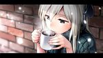  blue_eyes blush coffee cup drinking_glass hat kantai_collection kinosuke_(sositeimanoga) letterboxed long_hair silver_hair snowing solo u-511_(kantai_collection) 