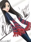  artist_name asymmetrical_bangs bangs brown_eyes brown_hair bukkuri casual character_name cursive dated denim dutch_angle girls_und_panzer jeans long_hair long_sleeves looking_at_viewer nishi_kinuyo open_mouth pants shawl shirt signature sketch smile solo standing white_shirt 