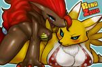  &lt;3 anthro big_breasts bikini black_fur black_sclera blue_background blue_eyes blush breasts chest_tuft claws cleavage clothed clothing digimon duo female frown fur green_eyes hair huge_breasts kewon nintendo open_mouth pok&eacute;mon pok&eacute;morph red_hair renamon simple_background smile swimsuit tuft video_games yellow_fur zoroark 