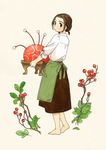  akai_sashimi apron barefoot berries branch brown_hair brown_skirt creature full_body green_apron holding long_skirt looking_at_viewer looking_back original shirt short_hair simple_background skirt sleeves_folded_up solo waist_apron white_shirt 