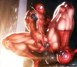  1boy anal anal_beads anus ass ass_juice bara cum ejaculation erection large_penis male_focus marvel mask orgasm outdoors penis rokudenashi sex_toy solo spider-man spider-man_(series) testicles torn_clothes 