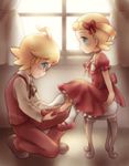  10s blonde_hair blush bow brother_and_sister child choker citron_(pokemon) closed_mouth curtains dress eureka_(pokemon) glasses hair_bow hair_ornament kneeling long_sleeves looking_at_another nintendo pokemon pokemon_xy porocha profile putting_on_shoes red_bow shoes short_hair siblings sitting smile stool white_legwear window 