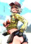  ass belt black_gloves blonde_hair bra breasts check_translation cidney_aurum cleavage covered_nipples cropped_jacket denim denim_shorts dirty_face final_fantasy final_fantasy_xv gloves hat huge_breasts licking_lips lips looking_at_viewer pouch shiny shiny_skin short_shorts shorts shorts_pull solo souryu tan tanline text_focus tongue tongue_out translation_request twisted_torso underwear 