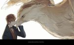  bird closed_eyes copyright_name fantastic_beasts_and_where_to_find_them feathered_wings male_focus newt_scamander rena_(renasight) thunderbird_(fantastic_beast) upper_body white_background wings yellow_eyes 