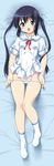  :d bed_sheet black_hair blue_eyes blush breasts dakimakura dress dress_lift from_above full_body hair_ribbon highres kuuchuu_yousai long_hair looking_at_viewer lying no_shoes on_back open_mouth original panties panty_pull ribbon school_uniform small_breasts smile socks solo twintails underwear undressing white_panties 