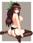  absurdres arched_back ass black_legwear black_panties bow breasts brown_hair commentary_request damao_yu eyebrows_visible_through_hair fang feet garter_straps green_bow hair_bow highres large_breasts long_hair nipples open_mouth outside_border panties ponytail red_eyes reiuji_utsuho sitting soles solo thighhighs thong topless touhou underwear underwear_only wariza 