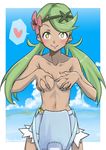 blush breasts collarbone commentary_request covering covering_breasts dark_skin flower green_eyes green_hair hair_flower hair_ornament heart highres long_hair looking_at_viewer mao_(pokemon) medium_breasts naked_overalls navel no_bra overalls pokemon pokemon_(game) pokemon_sm saku_(saku1151) seductive_smile smile solo spoken_heart topless trial_captain twintails 