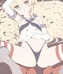  bare_shoulders black_panties blonde_hair buttons cleft_of_venus clitoris_slip doremi elbow_gloves gloves hair_between_eyes highleg highleg_panties highres kantai_collection long_hair looking_at_viewer lying on_back panties pussy_peek shimakaze_(kantai_collection) short_sleeves solo spread_legs striped striped_legwear thong underwear white_gloves 