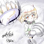  2016 alternate_costume alternate_hair_length alternate_hairstyle cosplay dated enemy_aircraft_(kantai_collection) from_above frown girls_und_panzer h-new horns kanemoto_hisako kantai_collection katyusha katyusha_(cosplay) looking_at_viewer looking_up mittens northern_ocean_hime orange_eyes pleated_skirt seiyuu_connection shinkaisei-kan shoes short_hair signature sketch skirt snow snowing walking white_hair white_skin wind winter_clothes 
