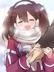  :d ^_^ brown_hair closed_eyes earmuffs happy holding_hands kantai_collection long_sleeves open_mouth out_of_frame primary_stage ribbon-trimmed_sleeves ribbon_trim ryuujou_(kantai_collection) scarf smile solo_focus twintails twitter_username upper_body white_scarf 