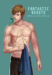  aqua_background bad_id bad_pixiv_id bowtruckle brown_hair chocolazy copyright_name fantastic_beasts_and_where_to_find_them freckles green_eyes leaf male_focus newt_scamander scar shirtless simple_background 