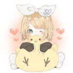  bird blonde_hair blue_eyes blush bow chick eyelashes hair_ornament hairclip heart heart-shaped_pupils hug kagamine_rin looking_at_viewer one_eye_closed ramuta shoes short_hair simple_background solo squishing stuffed_toy symbol-shaped_pupils vocaloid 