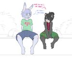  aikega anthro bear bulge clothing dialogue duo english_text lagomorph male mammal panda rabbit shorts text young 