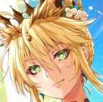 1girl artoria_pendragon_(all) artoria_pendragon_(lancer) blonde_hair blue_eyes blue_sky braid bright_pupils closed_mouth commentary_request crown day earrings eyebrows_visible_through_hair fate/grand_order fate_(series) flower hair_between_eyes hair_bun hair_flower hair_ornament jewelry looking_at_viewer outdoors pink_lips portrait sakiyamama short_hair sky smile solo white_flower 