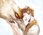  bird bow bowtie brown_hair fantastic_beasts_and_where_to_find_them male_focus newt_scamander open_mouth sky teeth thunderbird_(fantastic_beast) tonomayo upper_body 
