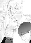  1girl blank_speech_bubble blush book breasts commentary_request glasses greyscale highres ijima_yuu large_breasts monochrome open_book open_mouth original ponytail profile shirt speech_bubble teacher teaching 