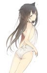  animal_ears ass bangs bare_shoulders black_hair breasts brown_eyes cat_ears cat_girl cowboy_shot expressionless flat_ass floating_hair from_side leotard long_hair looking_at_viewer looking_back lpip medium_breasts original simple_background solo thighs white_background 