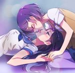  blue_hair blue_neckwear blue_sailor_collar closed_eyes dokidoki!_precure french_kiss hair_ornament hairclip hishikawa_rikka jewelry kenzaki_makoto kiss long_hair lying multiple_girls neckerchief necklace negom on_back pantyhose precure purple_hair purple_legwear sailor_collar saliva short_hair short_sleeves upside-down_kiss vest yuri 