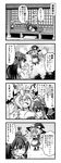  &gt;_&lt; :d anger_vein ascot broom broom_riding check_translation chibi closed_eyes comic commentary_request cup curly_hair detached_sleeves drinking greyscale hakurei_reimu hat highres holding kirisame_marisa long_hair lying monochrome nichika_(nitikapo) nontraditional_miko ofuda on_stomach open_mouth shanghai_doll shouji sliding_doors smile sweat tea touhou translation_request witch_hat wooden_floor xd yunomi 