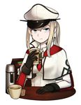  bags_under_eyes black_gloves blonde_hair blue_eyes breasts capelet closed_mouth collared_shirt cup disposable_cup frown gloves graf_zeppelin_(kantai_collection) hair_between_eyes hat highres holding iron_cross jacy kantai_collection long_hair looking_at_viewer medium_breasts military military_hat military_uniform mug peaked_cap shirt sidelocks simple_background solo thermos twintails uniform upper_body white_background white_hat wing_collar 